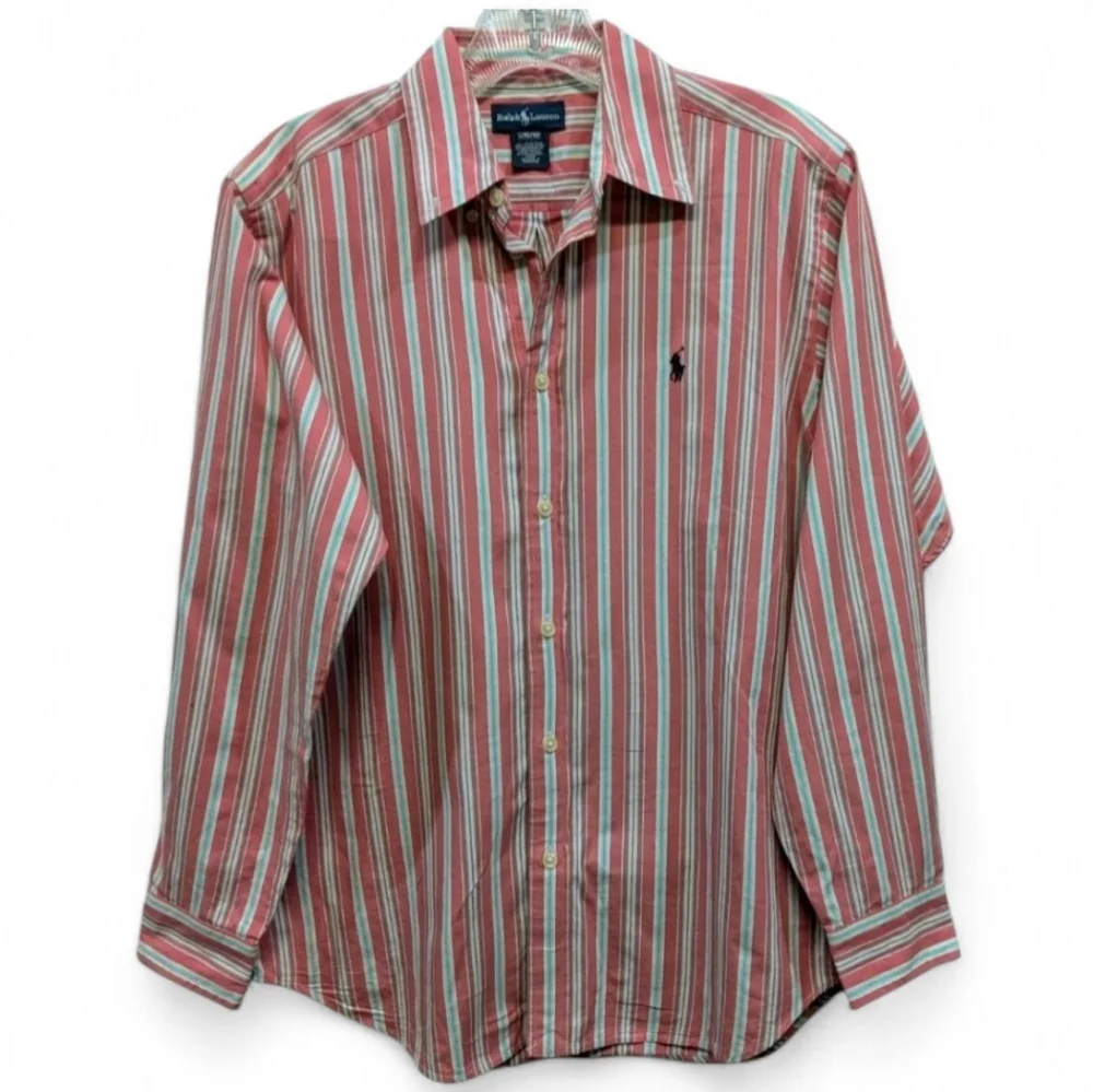 0529 Ralph Lauren Pink and White Striped Button-Down Cotton Shirt